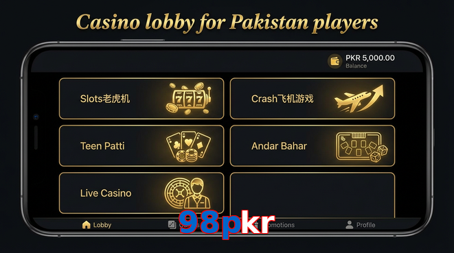 Lobby view of 98Pkr for Pakistan users